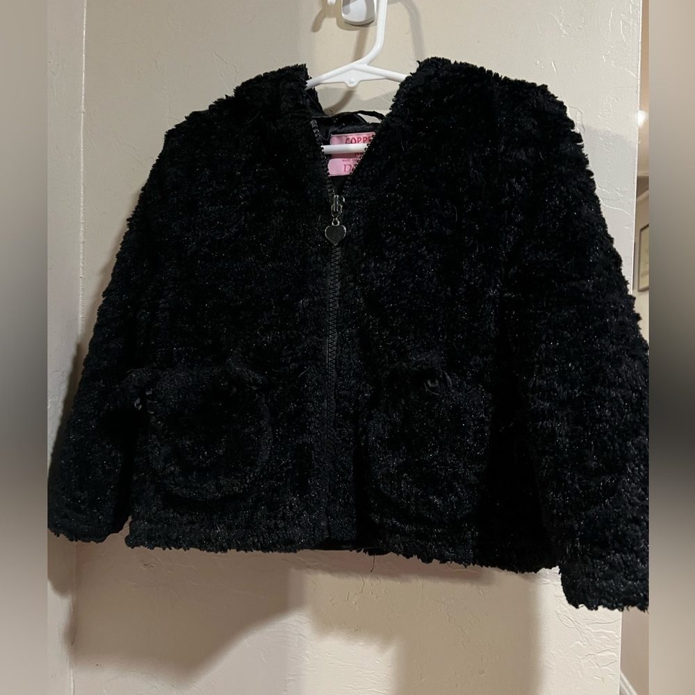 Toddler Girl Fur Fluffy Black Copper Key Jacket 2-3